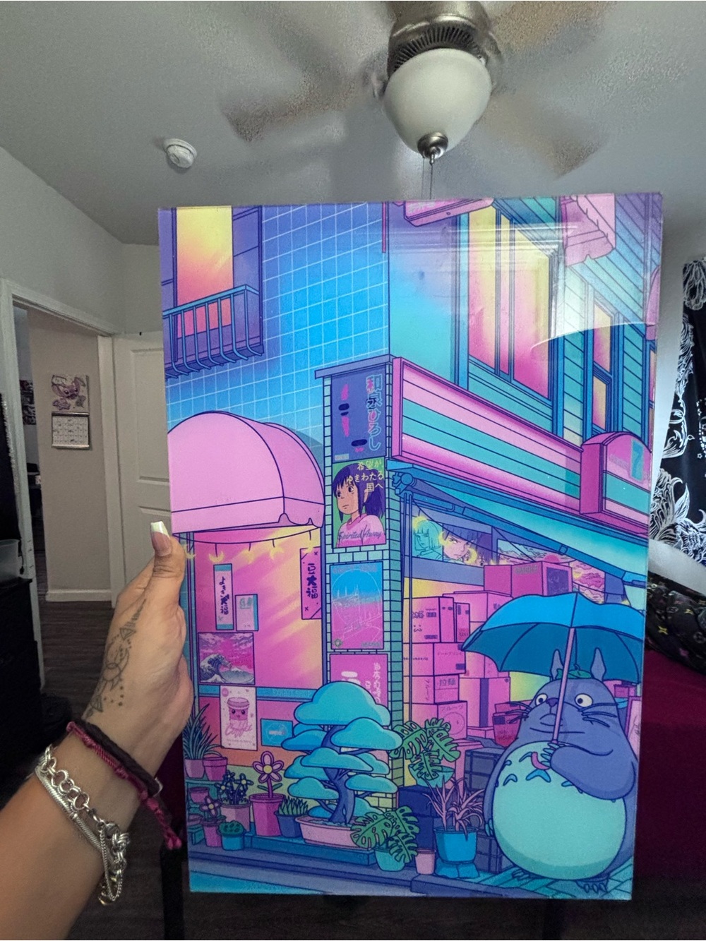 Vibrant Neon City Anime Print with Totoro Illustration